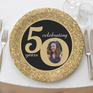 Zwart & Goud Glitter 50 Vijftig jaar 50ste verjaar Papieren Bordje