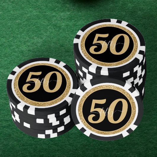 Zwart & Goud Glitter 50 Vijftig jaar 50ste verjaar Poker Chips