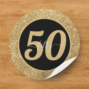 Zwart & Goud Glitter 50 Vijftig jaar 50ste verjaar Ronde Sticker