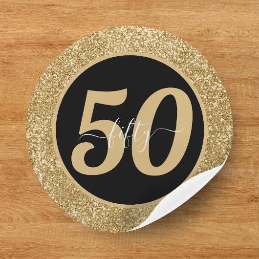 Zwart & Goud Glitter 50 Vijftig jaar 50ste verjaar Ronde Sticker