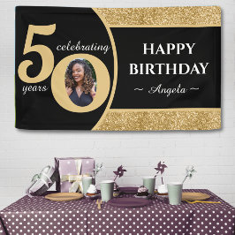 Zwart & Goud Glitter 50 Vijftig jaar 50ste verjaar Spandoek