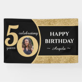 Zwart & Goud Glitter 50 Vijftig jaar 50ste verjaar Spandoek (Horizontaal)