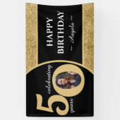 Zwart & Goud Glitter 50 Vijftig jaar 50ste verjaar Spandoek (Verticaal)