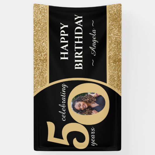 Zwart & Goud Glitter 50 Vijftig jaar 50ste verjaar Spandoek (Verticaal)