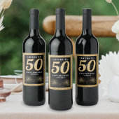 Zwart & Goud Glitter 50 Vijftig jaar 50ste verjaar Wijn Etiket