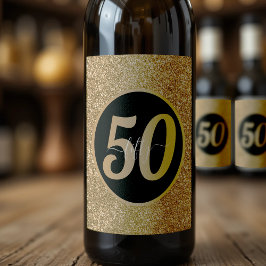Zwart & Goud Glitter 50 Vijftig jaar 50ste verjaar Wijn Etiket