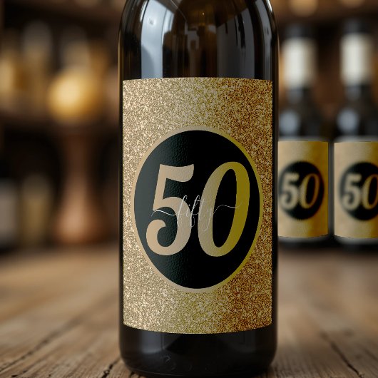 Zwart & Goud Glitter 50 Vijftig jaar 50ste verjaar Wijn Etiket