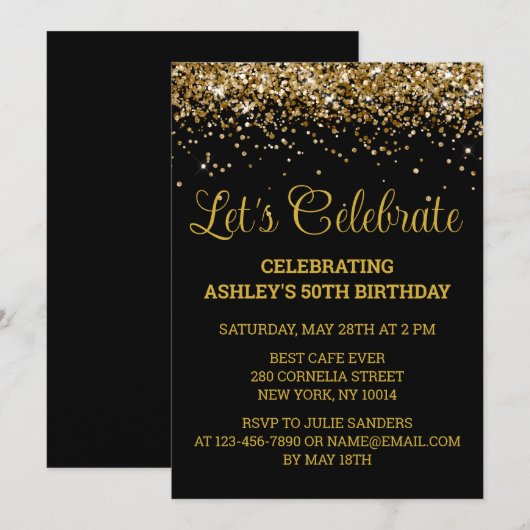 Zwart & Goud Glitter 50ste Verjaardag Laten we Fee Kaart (Voorkant / Achterkant)
