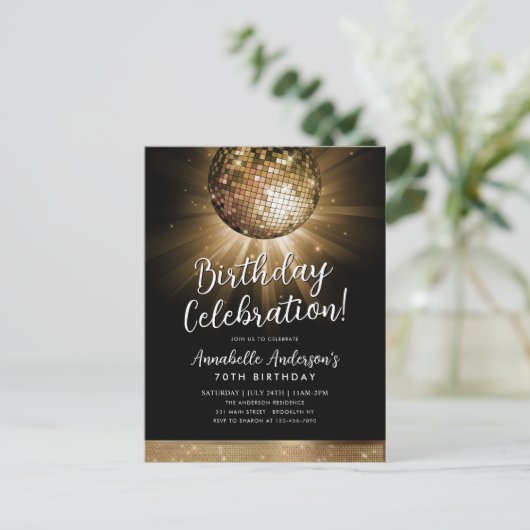 Zwart Goud Glitter 70s Feest Disco Bal Verjaardag Briefkaart (Staand voorkant)