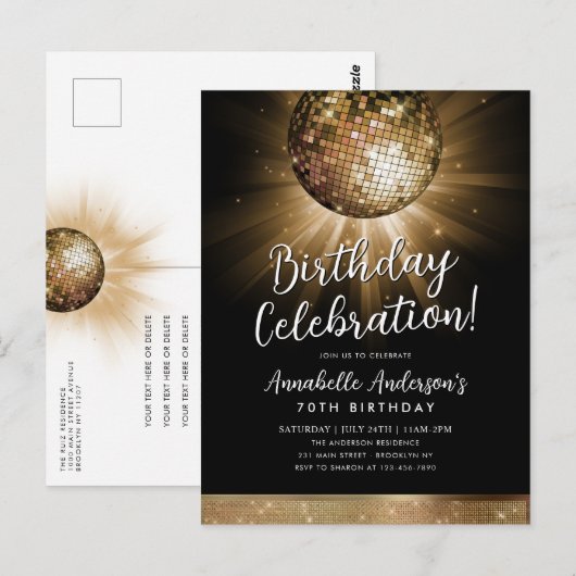 Zwart Goud Glitter 70s Feest Disco Bal Verjaardag Briefkaart (Voorkant / Achterkant)