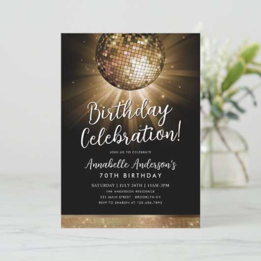 Zwart Goud Glitter 70s Party Disco Ball Verjaardag Kaart (Staand voorkant)