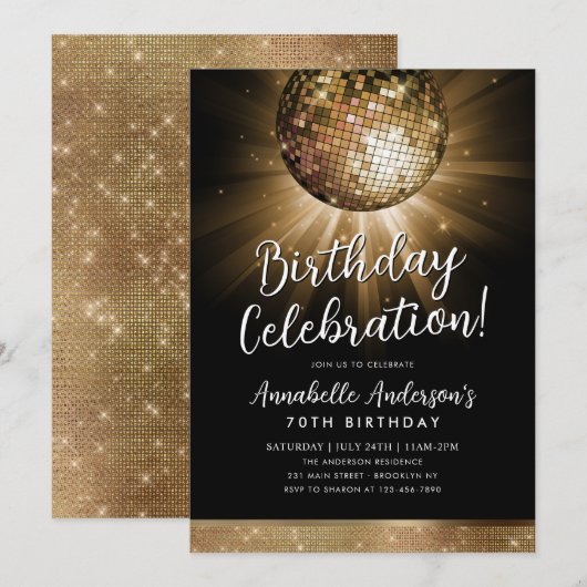 Zwart Goud Glitter 70s Party Disco Ball Verjaardag Kaart (Voorkant / Achterkant)