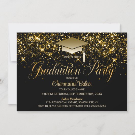 Zwart Goud Glitter Afstudeerfeest Kaart (Voorkant)