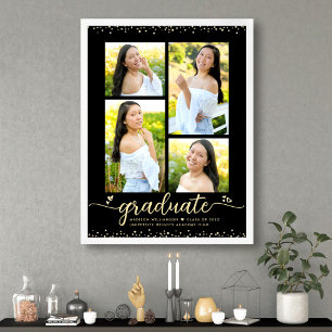 Zwart Goud Glitter Afstudeerhart met 4 Foto's Scri Poster