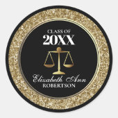 Zwart|Goud Glitter Afstuderen Rechtsgeleerdheid Ronde Sticker (Voorkant)