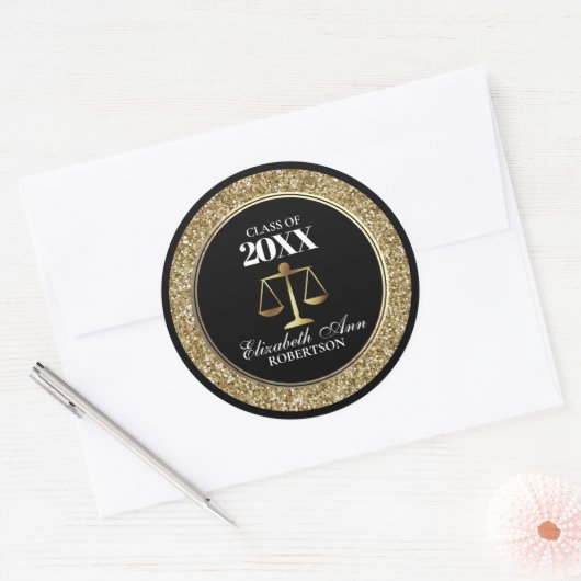 Zwart|Goud Glitter Afstuderen Rechtsgeleerdheid Ronde Sticker (Envelop)