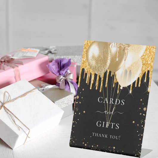 Zwart goud glitter ballonnen kaarten geschenken reclamebord met voetstuk