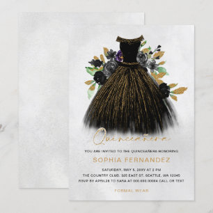 Zwart Goud Glitter Bloemen Jurk Quinceañera Kaart