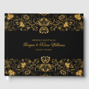 Zwart & Goud Glitter Bloemen Kant Rand Gastenboek