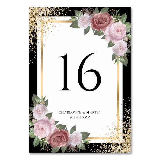 Zwart Goud Glitter Blush Roze Bloemen Huwelijk Kaart (Achterkant)