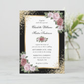 Zwart Goud Glitter Blush Roze Bloemen Huwelijk Kaart (Staand voorkant)
