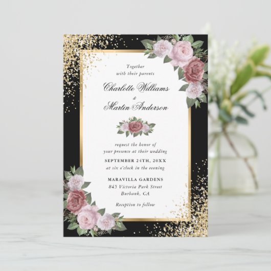 Zwart Goud Glitter Blush Roze Bloemen Huwelijk Kaart (Staand voorkant)