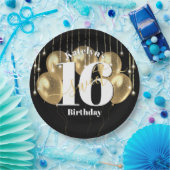 Zwart Goud Glitter Bold Sweet 16 Verjaardagsballon Papieren Bordje (Feest)
