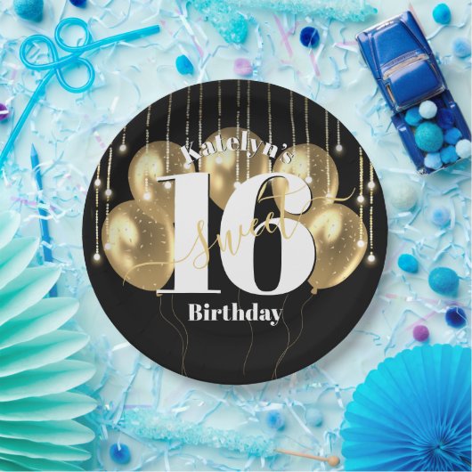 Zwart Goud Glitter Bold Sweet 16 Verjaardagsballon Papieren Bordje (Feest)