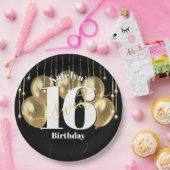 Zwart Goud Glitter Bold Sweet 16 Verjaardagsballon Papieren Bordje (Feest)