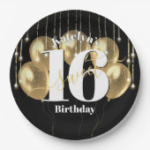 Zwart Goud Glitter Bold Sweet 16 Verjaardagsballon Papieren Bordje (Voorkant)