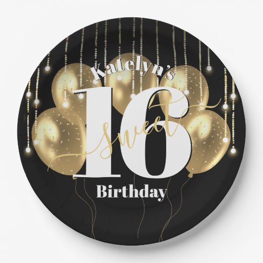 Zwart Goud Glitter Bold Sweet 16 Verjaardagsballon Papieren Bordje (Voorkant)