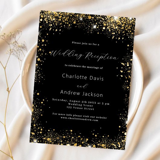 Zwart goud glitter bruiloft receptie kaart