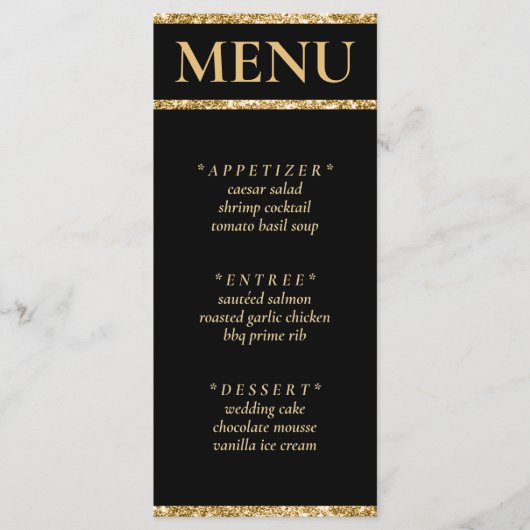 Zwart & Goud Glitter Bruiloft Receptie Menu (Voorkant)