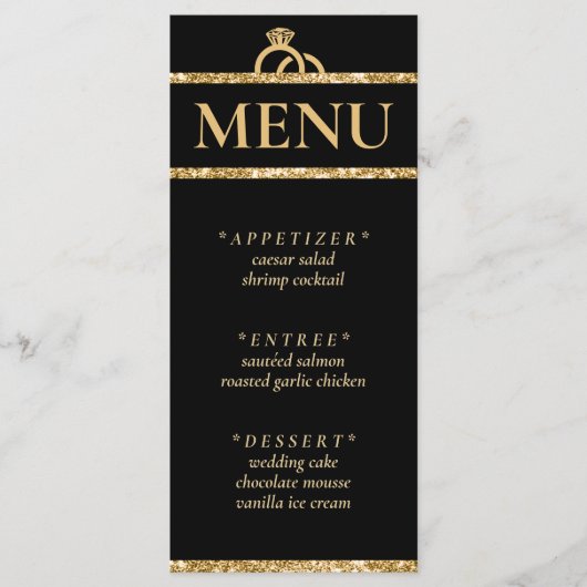 Zwart & Goud Glitter Bruiloft Receptie Menu (Voorkant)