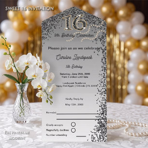 Zwart & Goud Glitter Calligrafie Nummer Sweet 16  All In One Uitnodiging