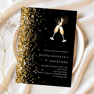 Zwart goud glitter cheers verjaardag uitnodiging