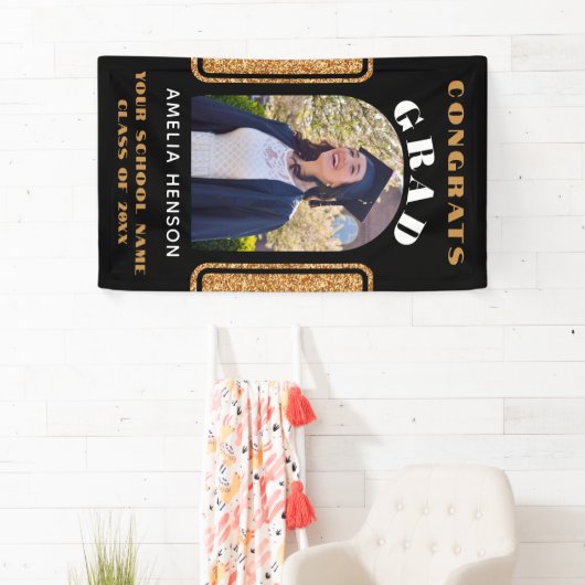 Zwart Goud Glitter Congrats Afstudeerder Foto Acht Spandoek (Insitu)