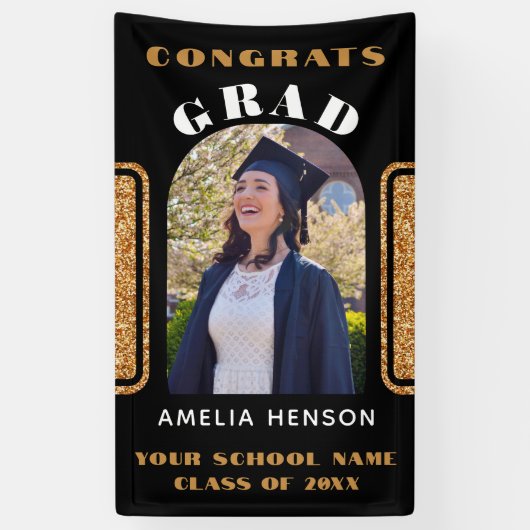Zwart Goud Glitter Congrats Afstudeerder Foto Acht Spandoek (Verticaal)