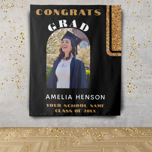 Zwart Goud Glitter Congrats Afstudeerder Foto Acht Wandkleed