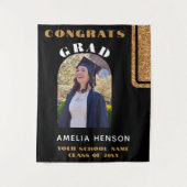 Zwart Goud Glitter Congrats Afstudeerder Foto Acht Wandkleed (Voorkant)
