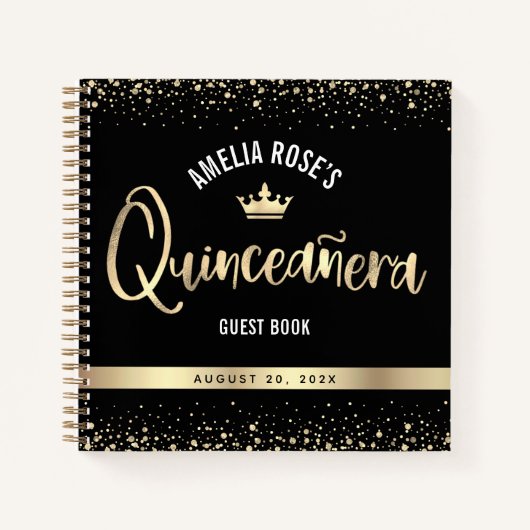 Zwart goud Glitter Crown Quinceañera Guest Book Notitieboek (Voorkant)