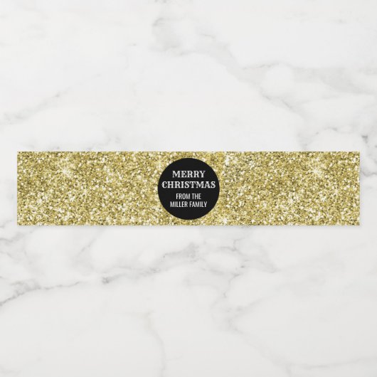 Zwart Goud Glitter Custom Vrolijk Kerstfeest Waterfles Etiket (Enkel label)