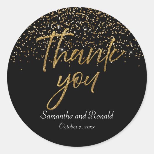 Zwart & Goud Glitter Dank u bruiloft Ronde Sticker (Voorkant)