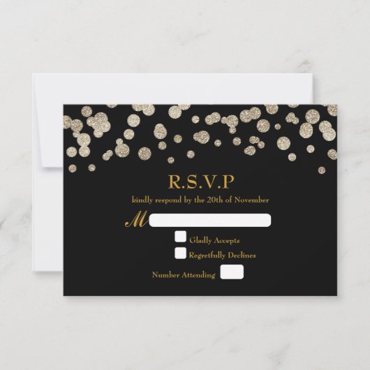 Zwart & Goud Glitter Dot Modern Wedding RSVP kaart (Voorkant)