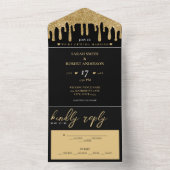 Zwart & Goud Glitter Drip Bruiloft All In One Uitnodiging (Binnen)