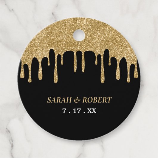 Zwart & Goud Glitter Drip Bruiloft Bedankjes Labels (Voorkant)