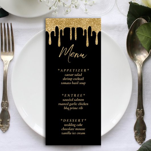 Zwart & Goud Glitter Drip Bruiloft Receptie Menu