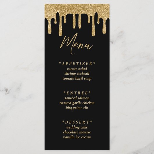 Zwart & Goud Glitter Drip Bruiloft Receptie Menu (Voorkant)
