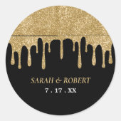 Zwart & Goud Glitter Drip Bruiloft Ronde Sticker (Voorkant)