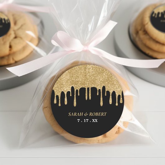Zwart & Goud Glitter Drip Bruiloft Ronde Sticker